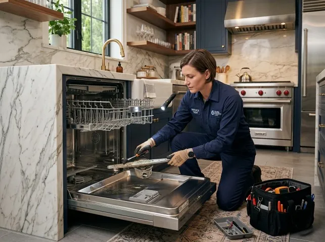 Appliance Repair Hero technician servicing a built-in dishwasher in a Ashland, OH kitchen