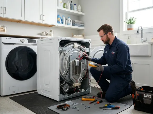 Appliance Repair Hero technician checking a dryer heating element with the rear panel off in Ashland, OH