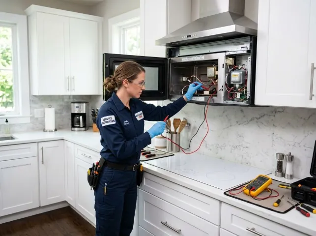 Appliance Repair Hero technician testing an over-the-range microwave in a Ashland, OH kitchen