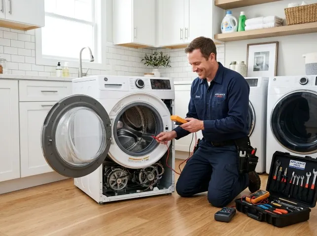 Appliance Repair Hero technician testing a front-load washer with a multimeter on a Ashland, OH service call
